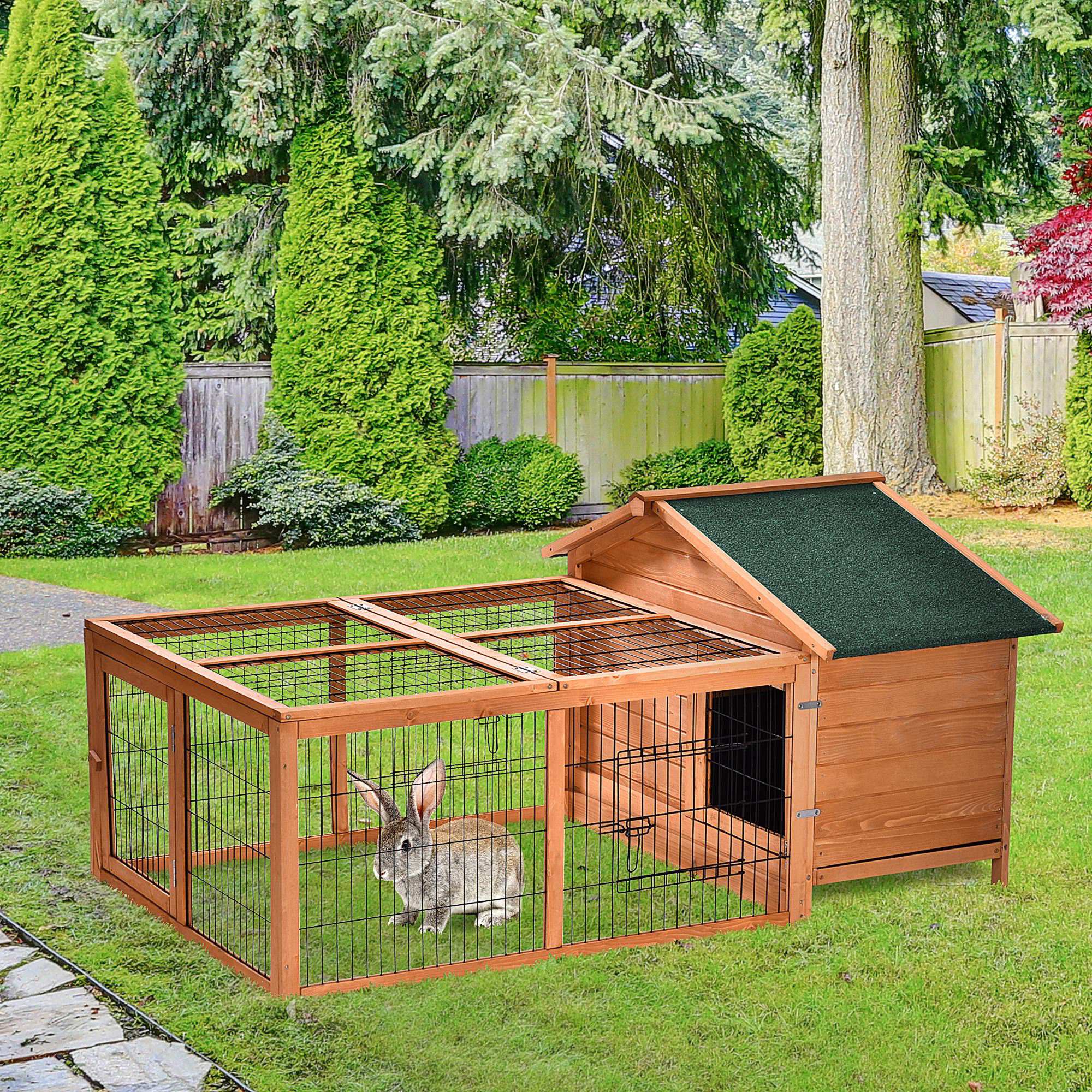 Wooden Rabbit Hutch Outdoor, Guinea Pig Hutch, Detachable Pet House Animal Cage with Openable Run & Roof Lockable Door Slide-out Tray 146 x 95 x 69cm, PawHut,