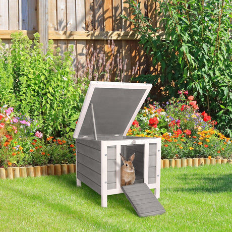 Wooden Rabbit Hutch Outdoor, Guinea Pig Hutch, Rabbit Hideaway, Cat House, Bunny Cage Small Animal House 51 x 42 x 43 cm, Grey, PawHut,