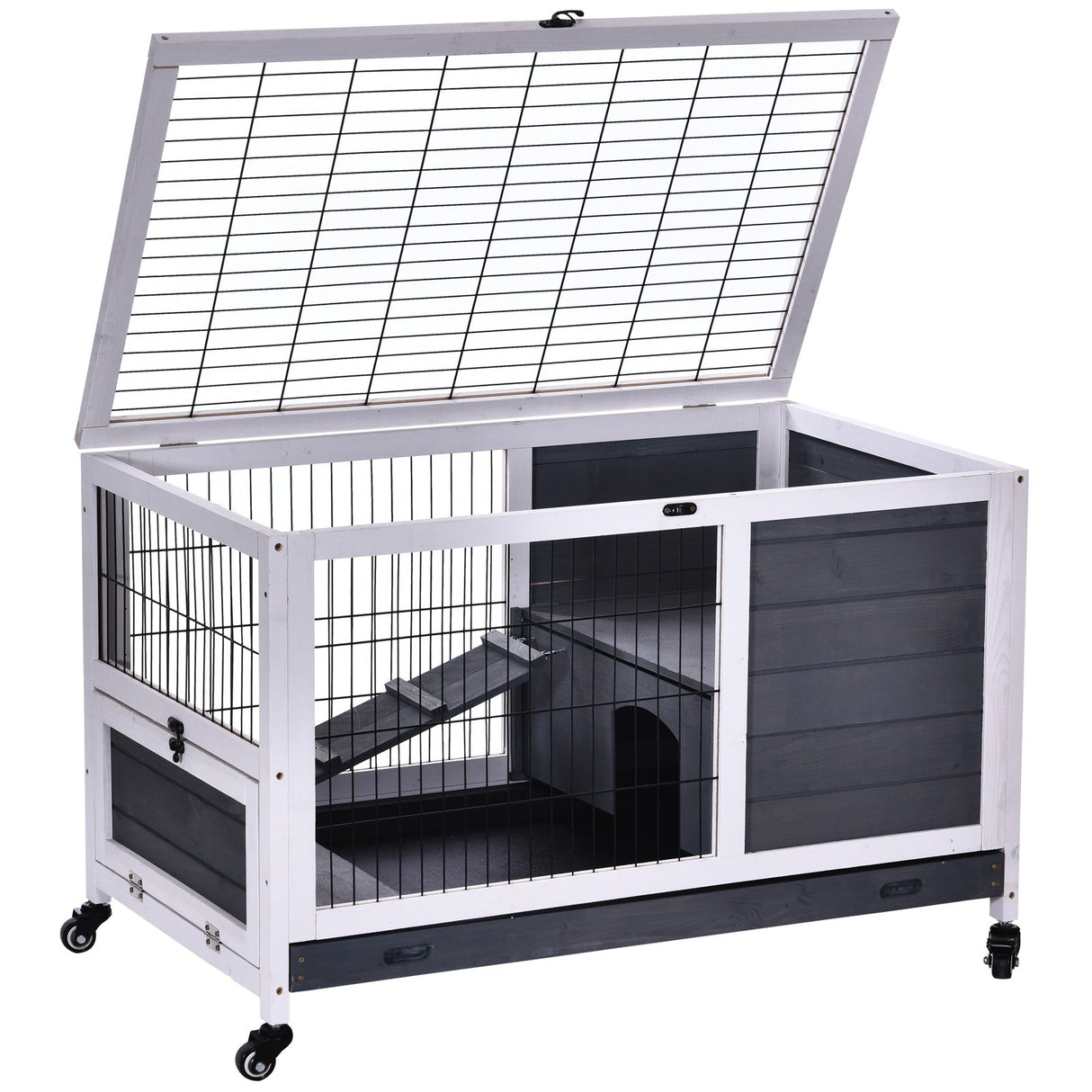 Wooden Rabbit Hutch Portable Indoor Guinea Pigs House Bunny Small Animal Cage Openable Roof Enclosed Run 90 x 53 x 59 cm, PawHut,