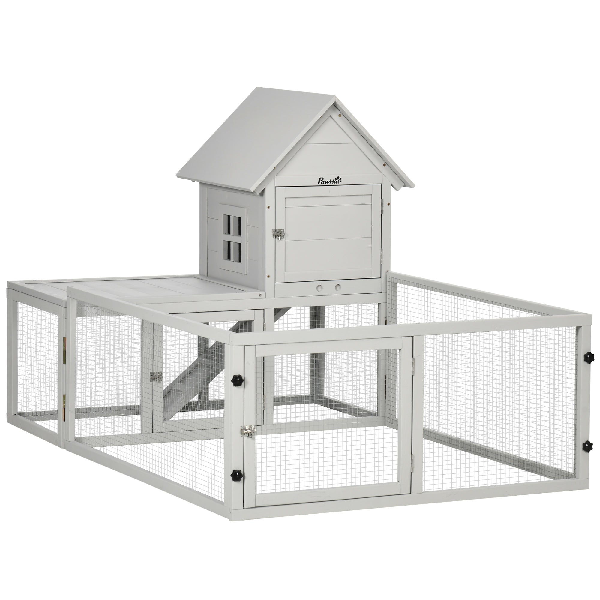 Wooden Rabbit Hutch with Extra Fenced Area, Large Guinea Pig Cage, Small Animal House for Indoor with Slide-out Tray, 151.5 x 106 x 97cm, Light Grey, PawHut,