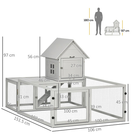 Wooden Rabbit Hutch with Extra Fenced Area, Large Guinea Pig Cage, Small Animal House for Indoor with Slide-out Tray, 151.5 x 106 x 97cm, Light Grey, PawHut,