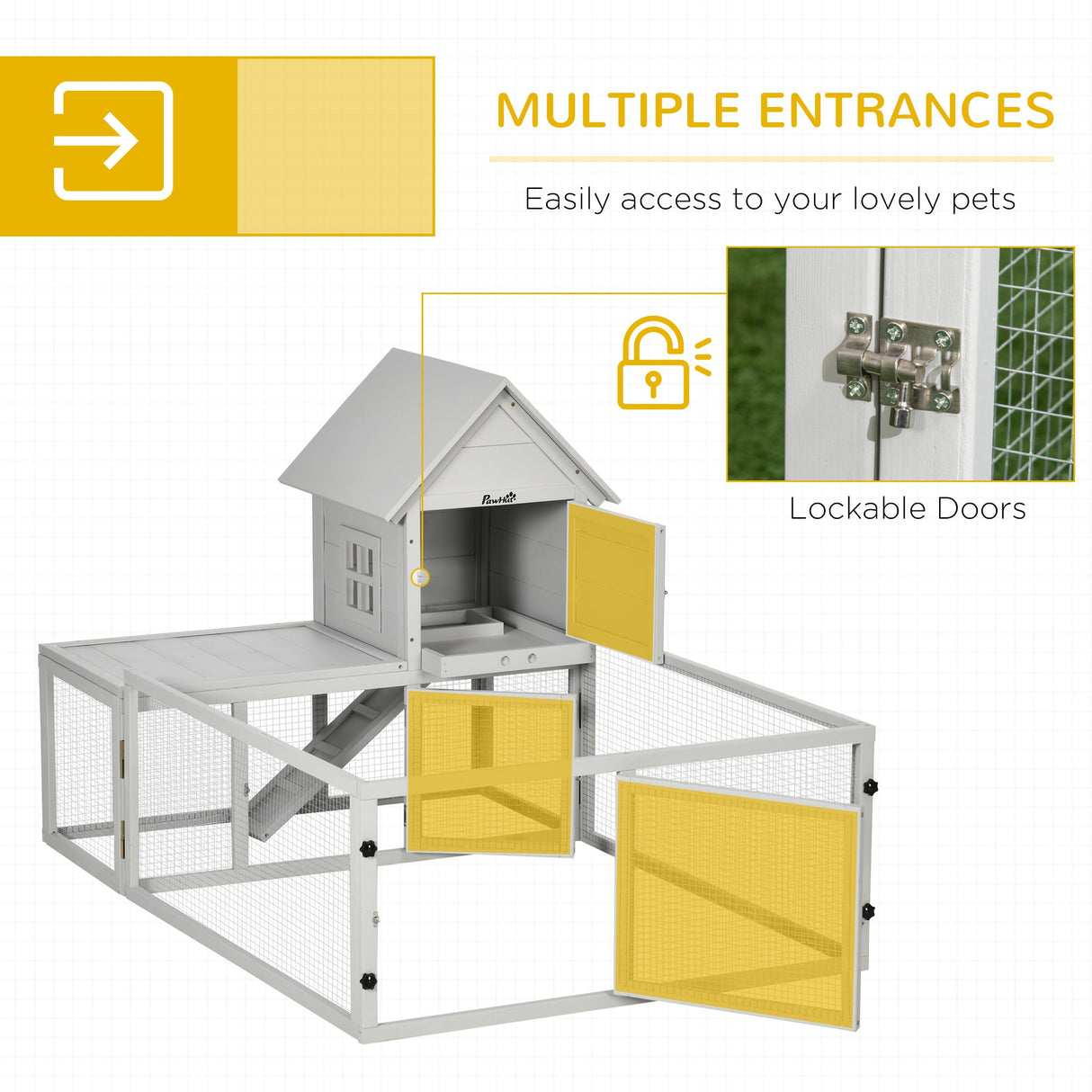 Wooden Rabbit Hutch with Extra Fenced Area, Large Guinea Pig Cage, Small Animal House for Indoor with Slide-out Tray, 151.5 x 106 x 97cm, Light Grey, PawHut,