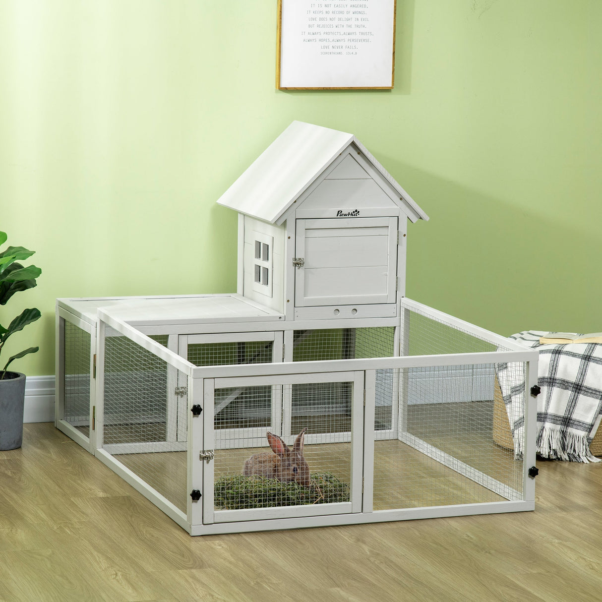 Wooden Rabbit Hutch with Extra Fenced Area, Large Guinea Pig Cage, Small Animal House for Indoor with Slide-out Tray, 151.5 x 106 x 97cm, Light Grey, PawHut,