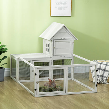 Wooden Rabbit Hutch with Extra Fenced Area, Large Guinea Pig Cage, Small Animal House for Indoor with Slide-out Tray, 151.5 x 106 x 97cm, Light Grey, PawHut,