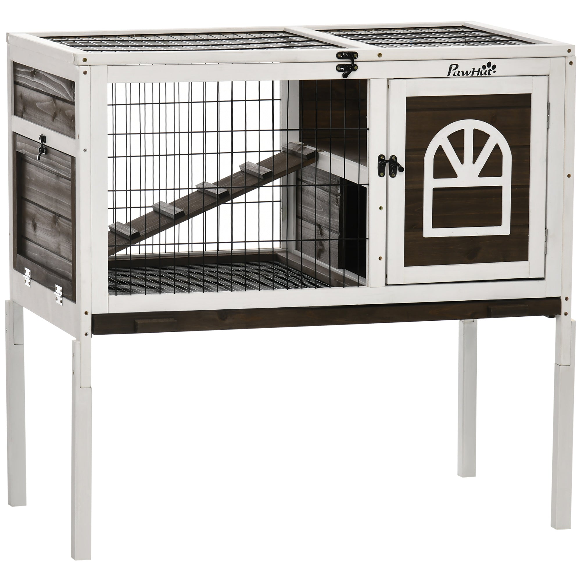 Wooden Rabbit Hutch with Openable Roof, Elevated Guinea Pig Cage with Ladder, Small Animal House for Indoor Use with Slide-out Tray, 90 x 53 x 87cm, Coffee Brown, PawHut,