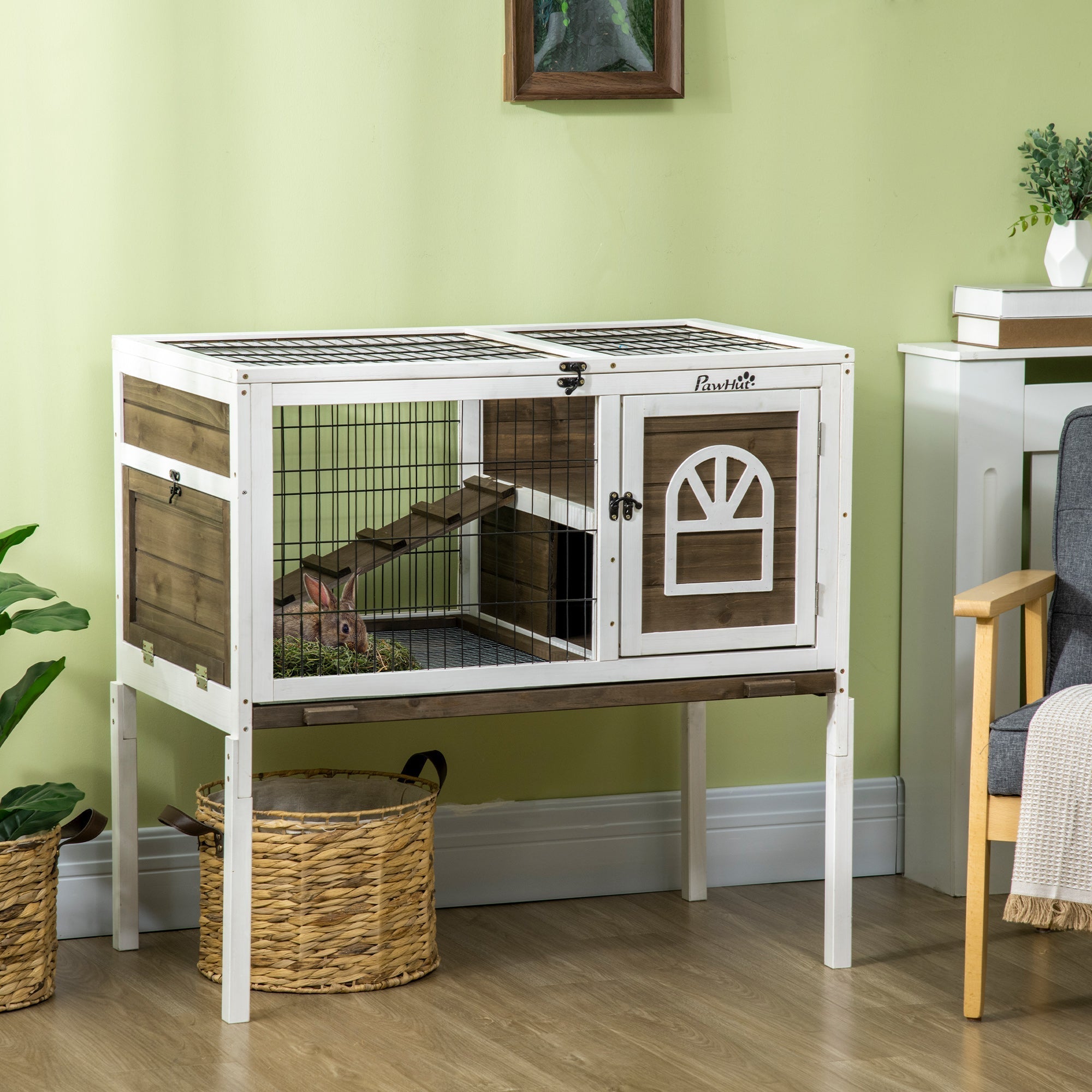 Wooden Rabbit Hutch with Openable Roof, Elevated Guinea Pig Cage with Ladder, Small Animal House for Indoor Use with Slide-out Tray, 90 x 53 x 87cm, Coffee Brown, PawHut,