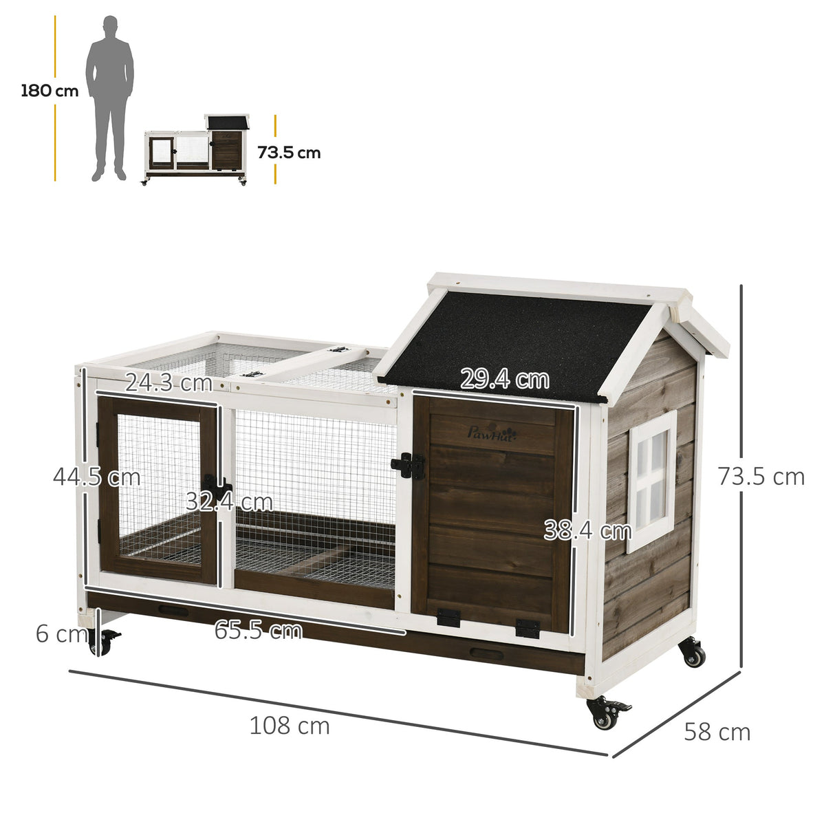 Wooden Rabbit Hutch with Wheels, Guinea Pig Cage, Small Animal House for Outdoor & Indoor with Slide-out Tray, 108 x 58 x 73.5cm, Coffee, PawHut,