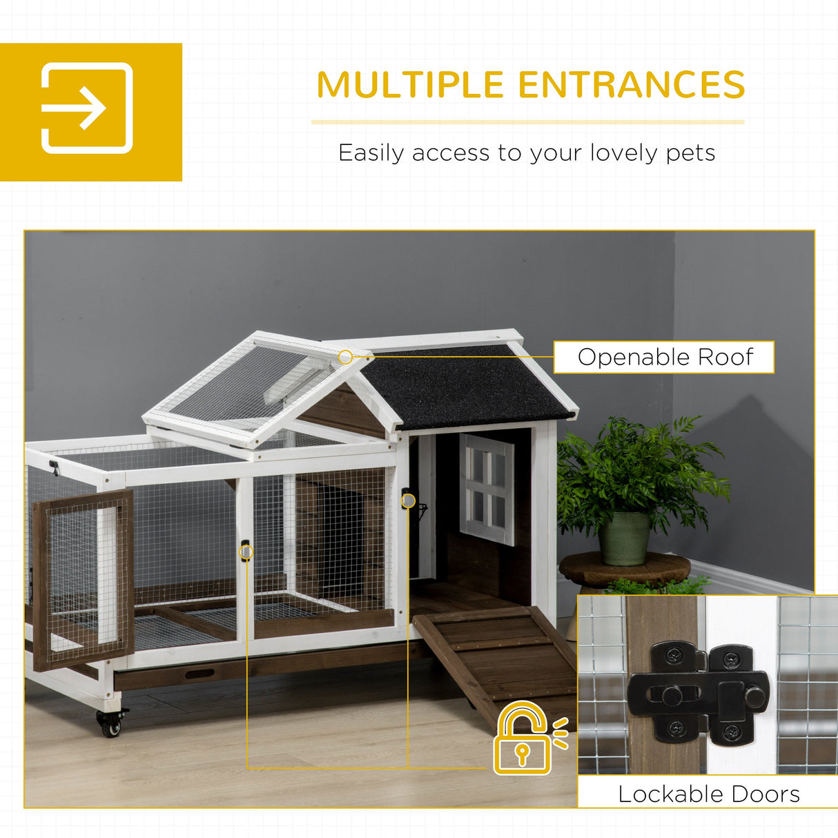 Wooden Rabbit Hutch with Wheels, Guinea Pig Cage, Small Animal House for Outdoor & Indoor with Slide-out Tray, 108 x 58 x 73.5cm, Coffee, PawHut,