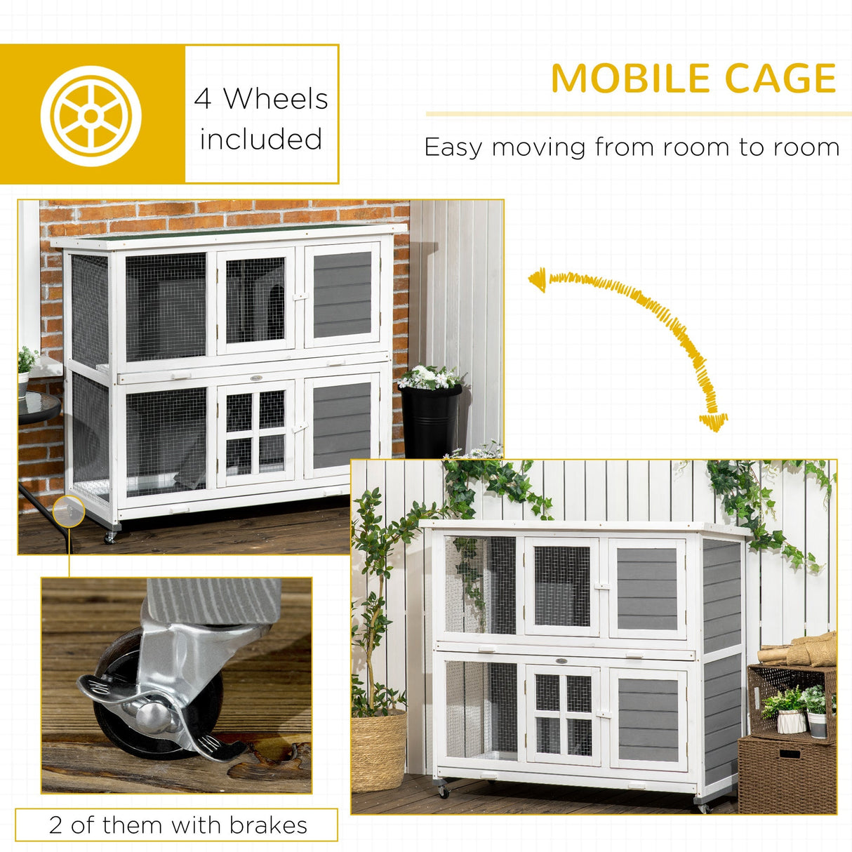 Wooden Rabbit Hutch with Wheels, Guinea Pig Cage, Small Animal House for Outdoor & Indoor with Slide-out Trays, 119 x 50.5 x 109cm, Grey, PawHut,