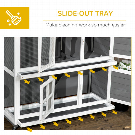 Wooden Rabbit Hutch with Wheels, Guinea Pig Cage, Small Animal House for Outdoor & Indoor with Slide-out Trays, 119 x 50.5 x 109cm, Grey, PawHut,