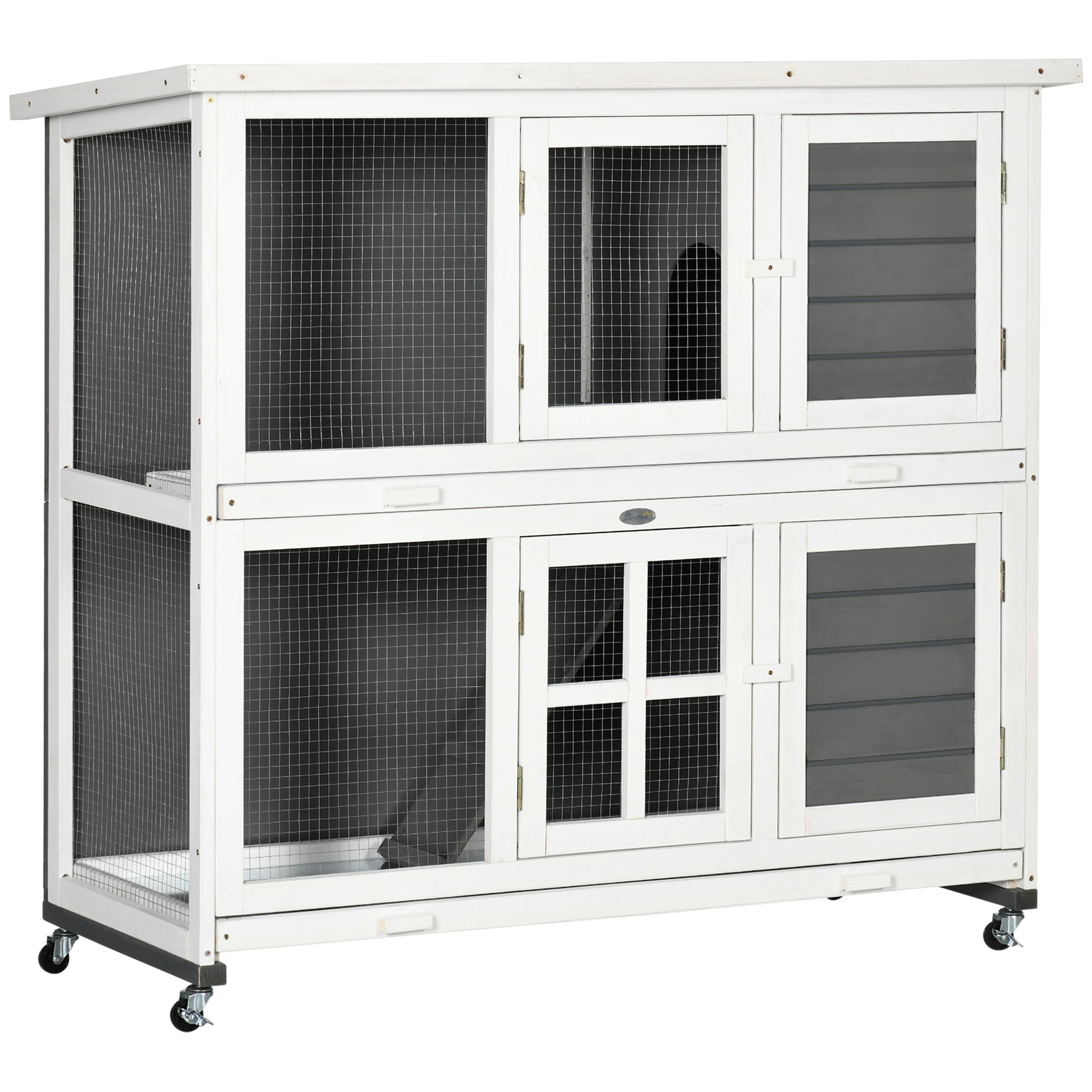 Wooden Rabbit Hutch with Wheels, Guinea Pig Cage, Small Animal House for Outdoor & Indoor with Slide-out Trays, 119 x 50.5 x 109cm, Grey, PawHut,