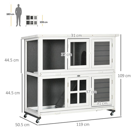 Wooden Rabbit Hutch with Wheels, Guinea Pig Cage, Small Animal House for Outdoor & Indoor with Slide-out Trays, 119 x 50.5 x 109cm, Grey, PawHut,