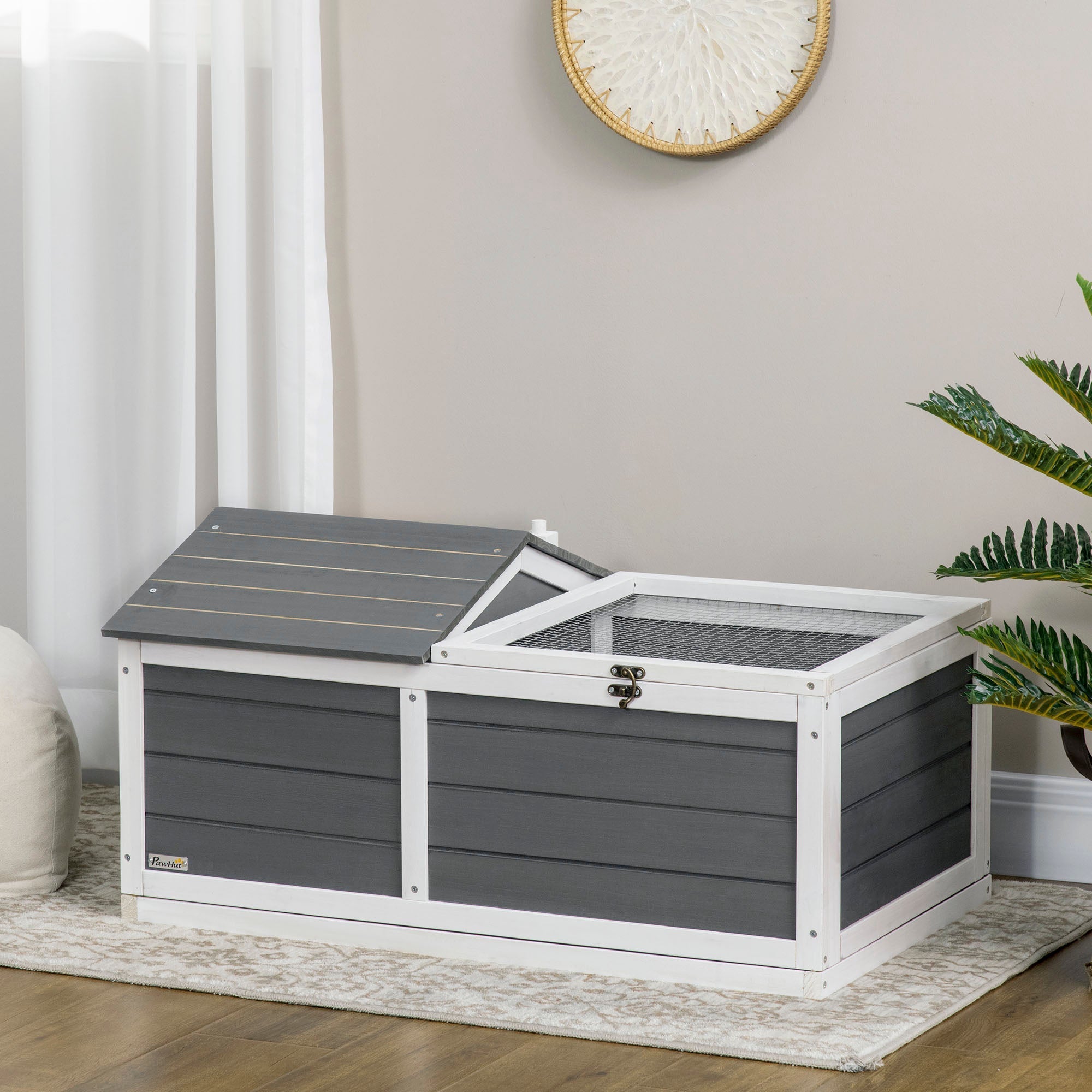Wooden Tortoise House, Small Pet Reptile Shelter, with Hide Den and Run - Grey, PawHut,